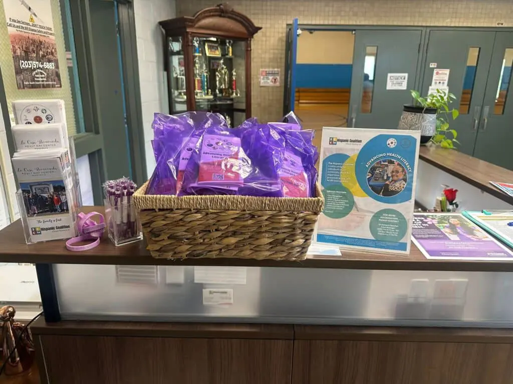 A basket of food and other items on the counter.