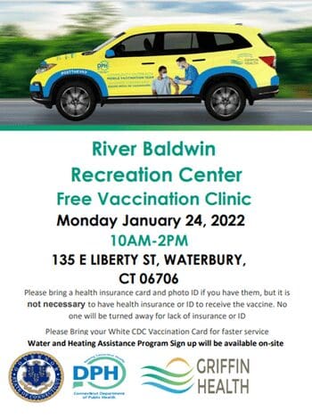 A yellow van with the words river baldwin recreation center and free vaccination clinic on it.