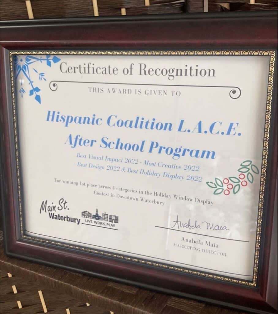 A certificate of recognition for hispanic coalition l. A. C. E. After school program